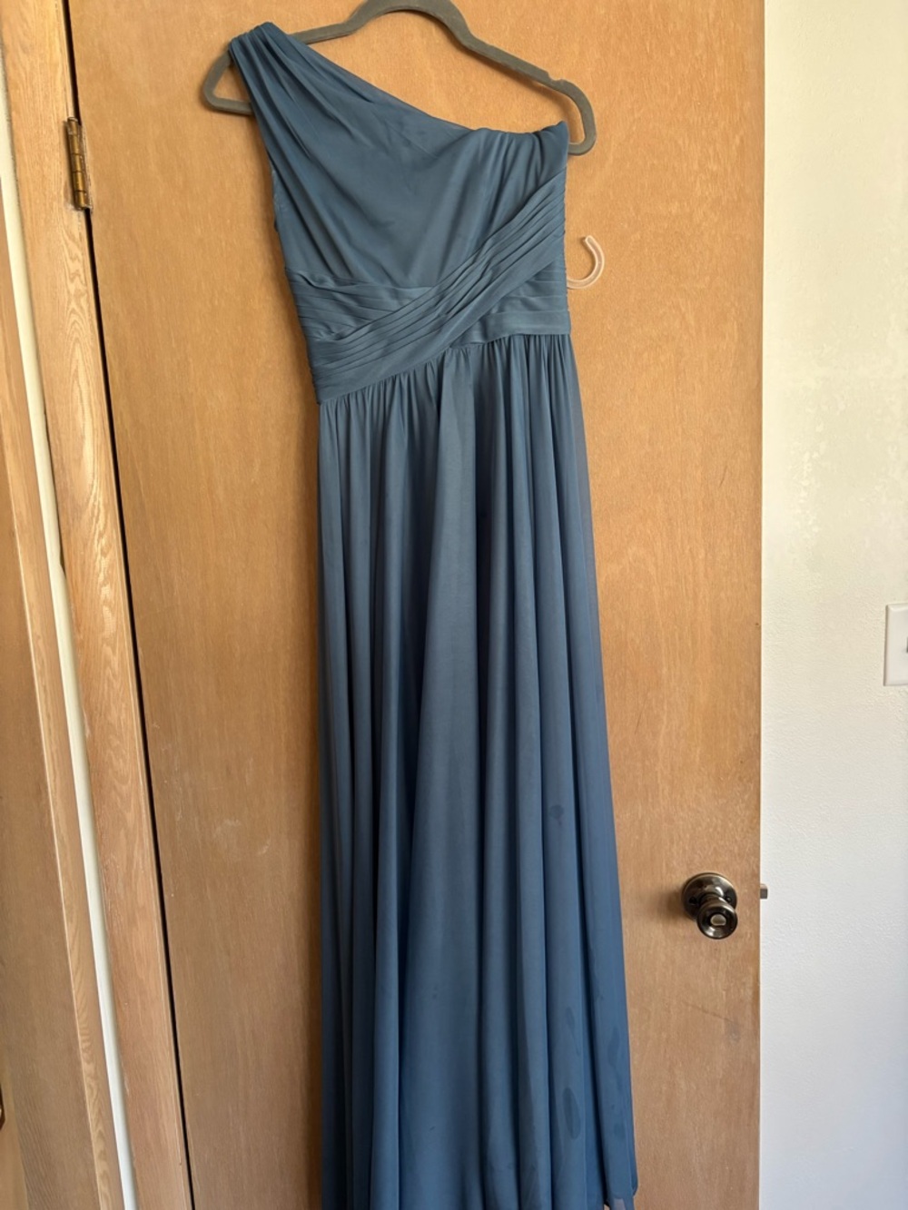 One-Shoulder Steel Blue Evening Gown